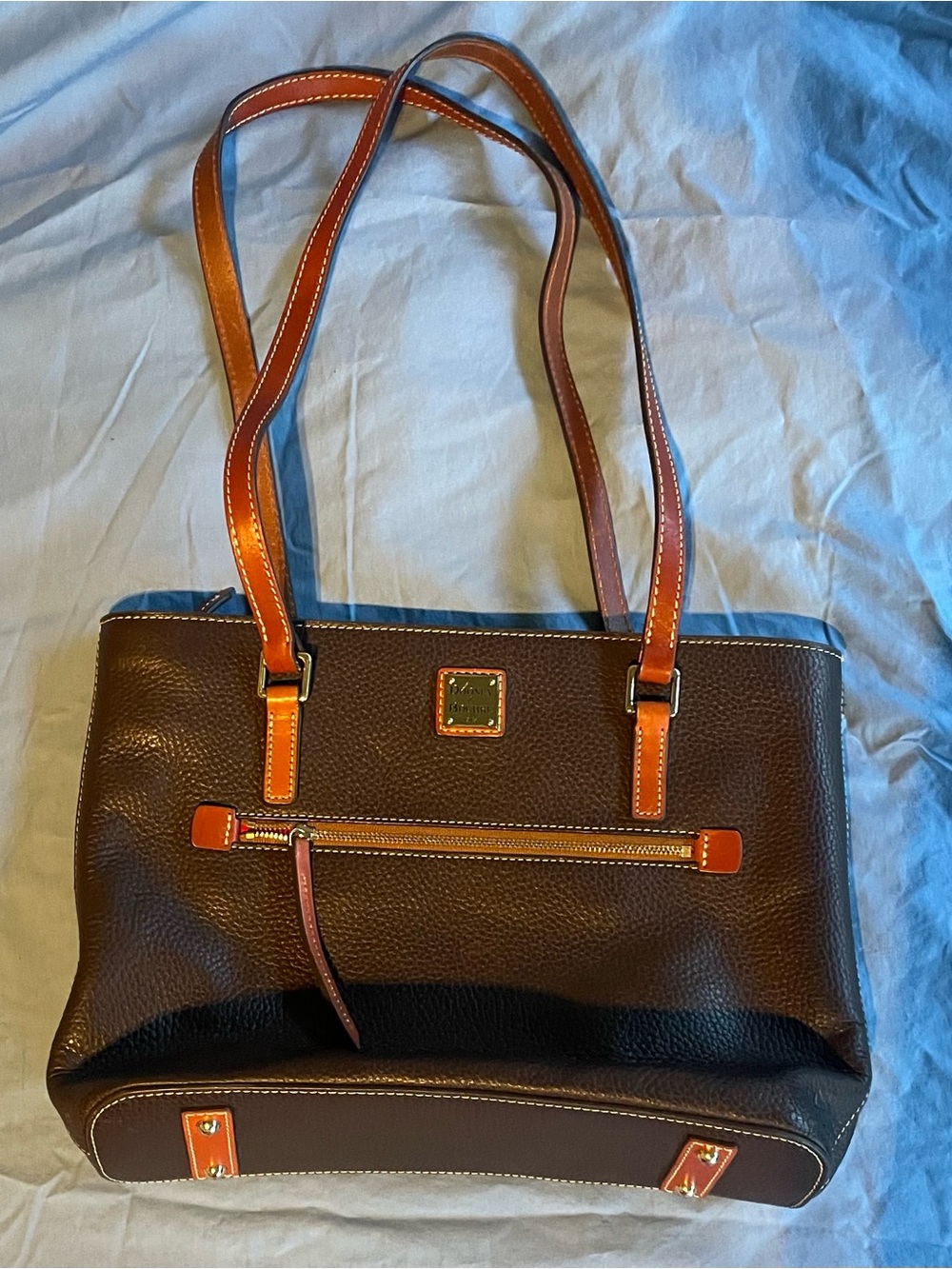 Dooney & Bourke Dark Brown Pebble Leather Tote with Tan Trim